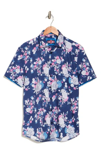 Soul Of London Floral Print Short Sleeve Button-up Shirt In Blue