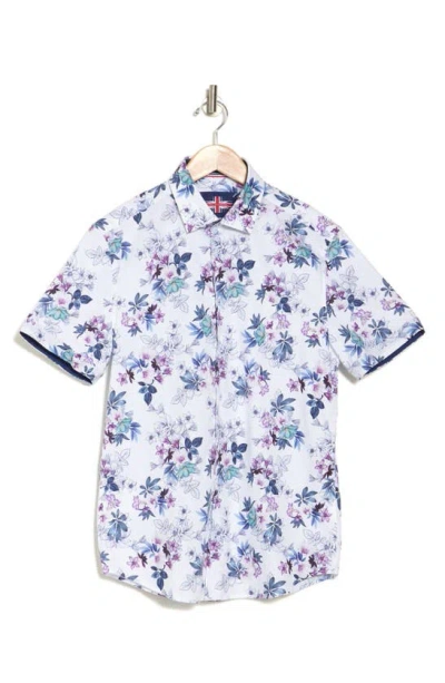 Soul Of London Floral Print Stretch Cotton Short Sleeve Button-up Shirt In Blue