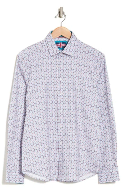 Soul Of London Geometric Print Stretch Cotton Long Sleeve Button-up Shirt In Blue