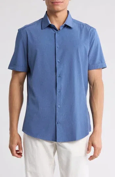 Soul Of London Microfiber Stretch Short Sleeve Button-down Shirt In Blue