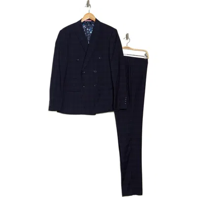 Soul Of London Navy Plaid Double Breasted Suit In Black
