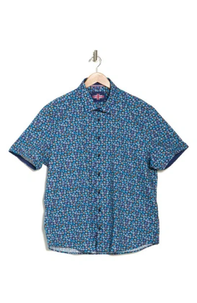 Soul Of London Palm Print Stretch Cotton Short Sleeve Button-up Shirt In Navy