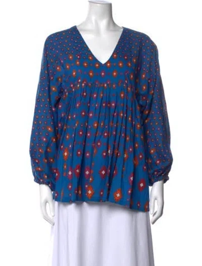 Pre-owned Souleiado Floral Print V-neck Blouse In Blue