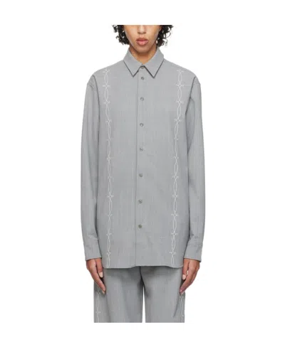 Soulland Embroidered-design Long-sleeve Shirt In Gray