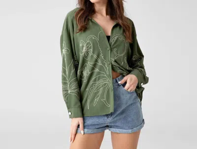 Soulofmu Drop Shoulder Embroidery Oversized Shirt In Khaki In Green