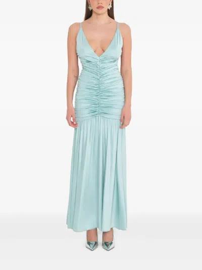 Sound Of Silence Gathered V-neck Maxi Dress In Blue