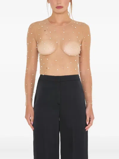 Sound Of Silence Pearl-embellished Mesh Blouse In Neutral