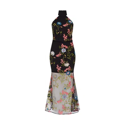 Sour Figs Women's Black / Pink / Blue Floral-embroidered Halterneck Maxi Dress In Black In Black/pink/blue