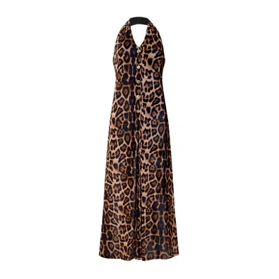 Sour Figs Women's Brown / Neutrals Button-front Halterneck Leopard Velvet Maxi Dress In Warm Caramel Brown