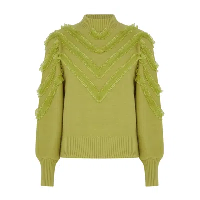 Sour Figs Women's Chevron Ruffle-detail Knit Jumper In Chartreuse Green