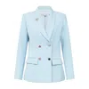 Sour Figs Women's Evil Eye Brooch Tailored Blazer With Collector's Buttons In Powder Blue In Blue