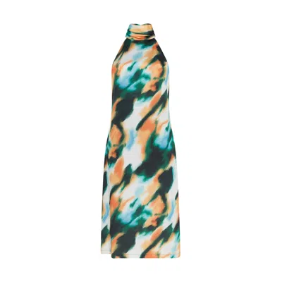 Sour Figs Women's Green / Orange Abstract Watercolour Halterneck Midi Dress In Emerald Amber In Green/orange