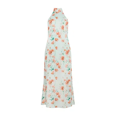Sour Figs Women's Green / Orange / Pink Watercolour Floral Halterneck Maxi Dress In Seafoam Green