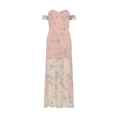 Sour Figs Women's Pink / Gold / Blue Floral-embroidered Bustier Maxi Dress In Blush Pink In Pink/gold/blue