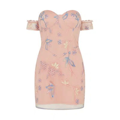 Sour Figs Women's Pink / Gold / Blue Floral-embroidered Off-shoulder Mini Dress In Blush Pink In Pink/gold/blue