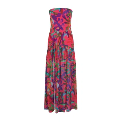 Sour Figs Women's Pink / Purple / Red Tropical Print Chiffon Strapless Dress In Paradise Bloom In Multi