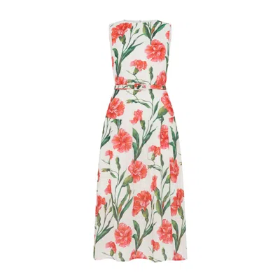 Sour Figs Women's Red / Green / White Carnation Print Belted Midi Dress In Porcelain White In Multi