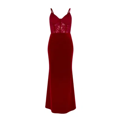 Sour Figs Women's Sheer Lace Corset Velvet Maxi Dress In Crimson Red