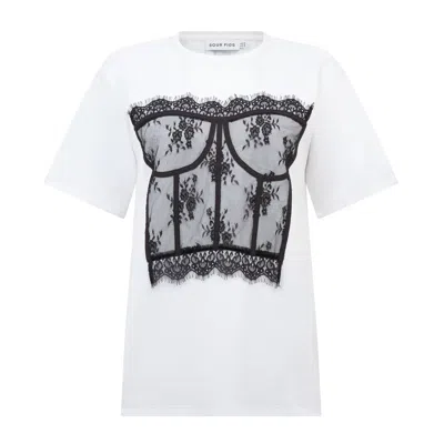 Sour Figs Women's White / Black Lace Corset-appliqué T-shirt In White In Multi