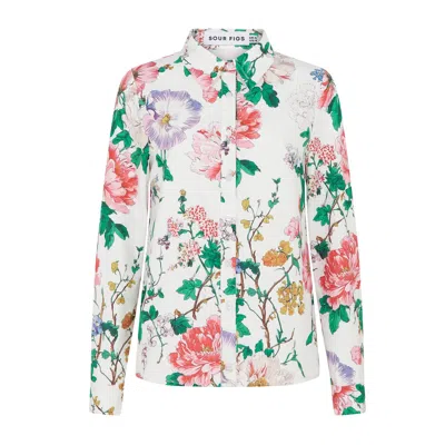 Sour Figs Women's White / Green / Red Botanical Wildflower Button-front Shirt In Porcelain White In Multi