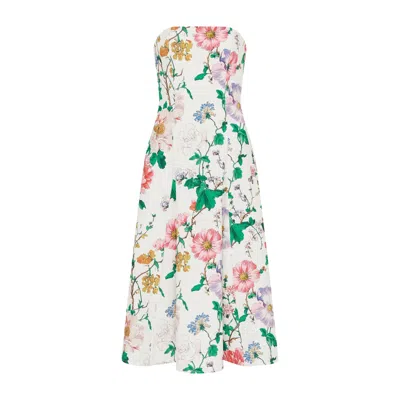 Sour Figs Women's White / Pink Botanical Wildflower Strapless Midi Dress In Porcelain White In Multi