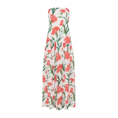 Sour Figs Women's White / Red Carnation Print Strapless Drop-waist Maxi Dress In Porcelain White In Multi
