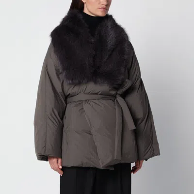 Source Unknown Egizio Grey Puffer Jacket With Faux Fur Collar