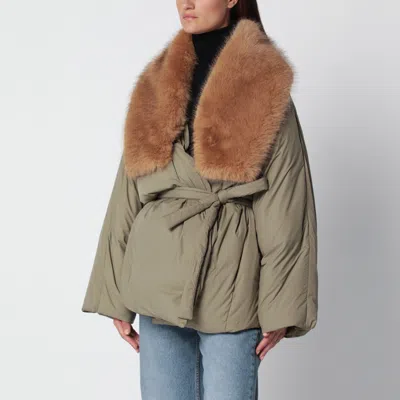 Source Unknown Egizio Khaki Puffer Jacket With Faux Fur Collar In Green