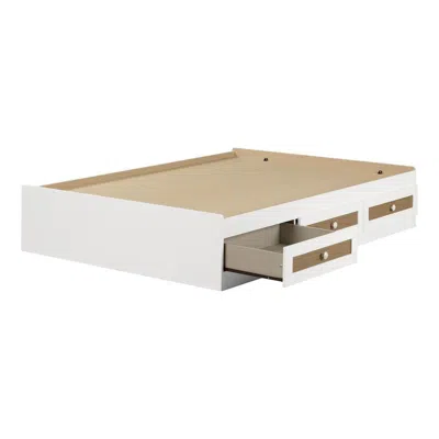 South Shore Furniture Bloom Mates Bed With 3 Drawers, White And Faux Printed Rattan