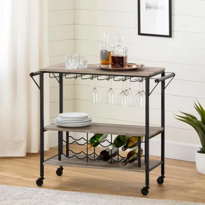 South Shore Furniture Munich Bar Cart With Wine Rack, Weathered Oak And Matte Black