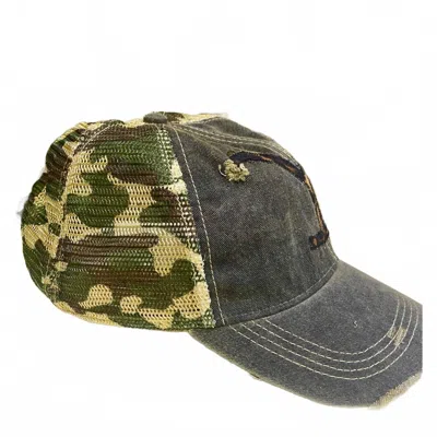 South Texas Treasures Women's Leopard Y Trucker Cap In Black With Camo Mesh In Gray