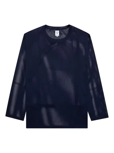 South2 West8 Mesh Knit Crew-neck T-shirt In Blue
