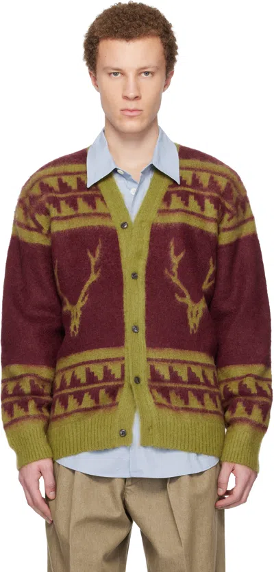 South2 West8 Red & Green Mohair V-neck Cardigan In Burgundy