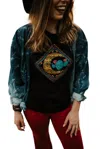 Southern Bliss Distressed Denim Bleached Button Down Top In Dark Blue In Blue