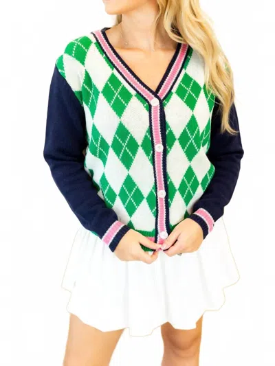 Southern Grace Argyle Cardigan Sweater In Green And Pink In Blue