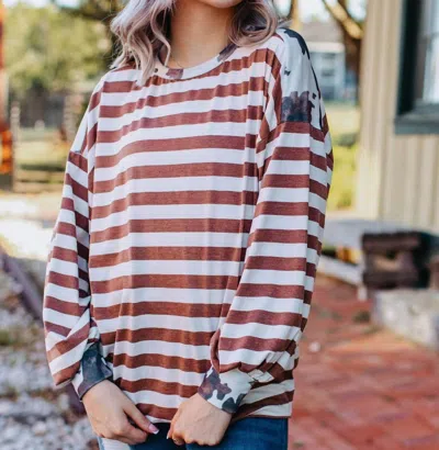 Southern Grace Douple Dipping Long Sleeve Top In Brown In Blue