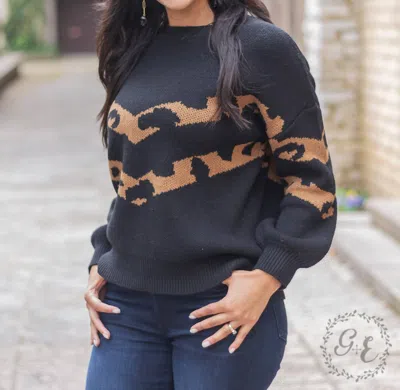 Southern Grace Fall-ing In Warmth Long Sleeve Pullover Sweater With Balloon Long Sleeve In Black In Blue