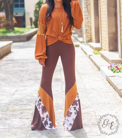 Southern Grace Hide Your Crazy With Velvet Flare Pants In Brown In Orange