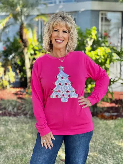 Southern Grace Holiday Sweatshirts In Hot Pink Sequin Trees