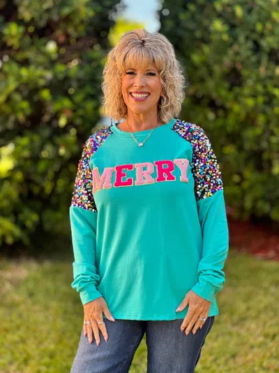 Southern Grace Holiday Sweatshirts In Merry Sequin Sleeve In Multi