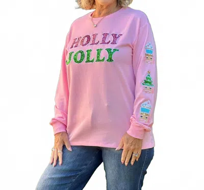 Southern Grace Holiday Sweatshirts In Sequin Holly Jolly In Pink