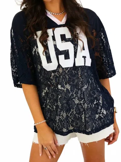 Southern Grace Lace Usa Jersey Tee In Navy In Black