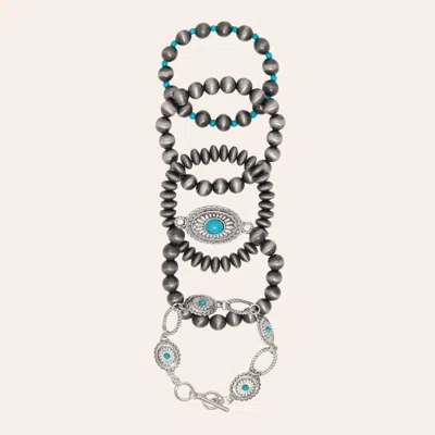Southern Grace Navajo Pearl & Turquoise Concho Five Strand Bracelet Set In Metallic