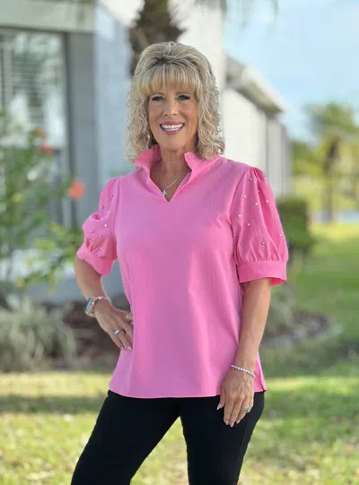 Southern Grace Pastel Princess Puff Sleeve Top In Pink In Animal Print