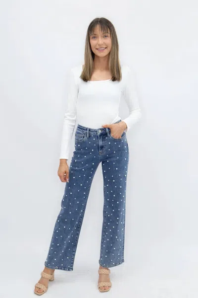 Southern Grace Pearl Embellished High Rise Wide Leg Jeans In Denim In Multi