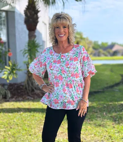 Southern Grace Secret Garden Short Puff Sleeves Top In Watercolor Floral In Multi