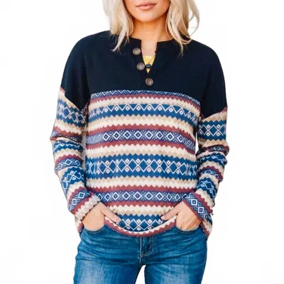 Southern Grace Sedona Sky Aztec Henley Pull Over Sweater In Navy Multi
