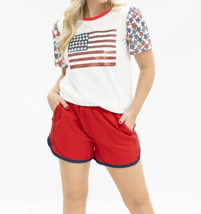 Southern Grace Sequin American Flag Star Sleeve Tee In White