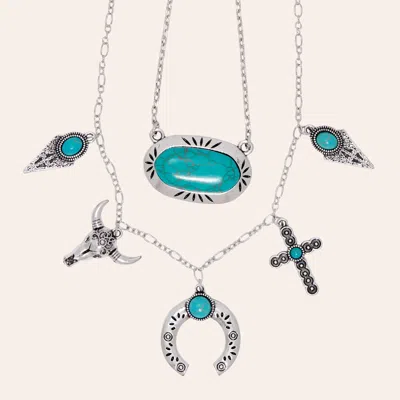 Southern Grace Silver & Turquoise Oval Pendant Western Charm Strand Necklace In Metallic