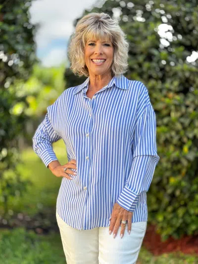 Southern Grace The Kathryn Button Up Top In Striped Blue